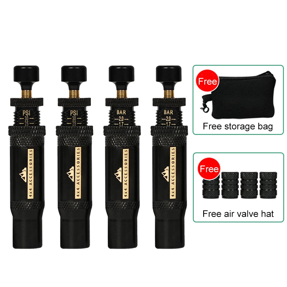 Adjustable Auto-Stop Tire Deflator Kit (10–30 PSI) – 4pcs Rapid Air Down Valves for Off-Road Vehicles, 4x4s, SUVs, and ATVs