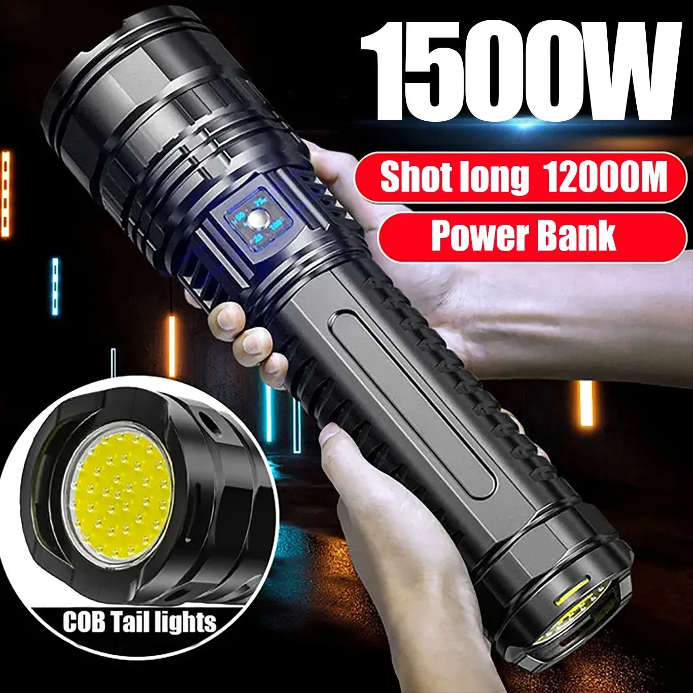 Ultra-Bright Tactical Flashlight – 150,000 Lumen Rechargeable LED Torch with Power Bank & Waterproof Build